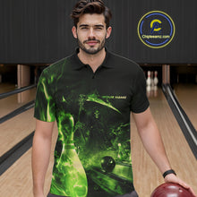 Load image into Gallery viewer, Custom Green Fire Flame Grim Reaper Bowling Polo Shirts For Men, Halloween Bowlers Outfit IPHW9712