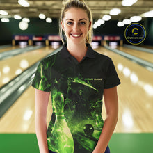 Load image into Gallery viewer, Custom Green Fire Flame Grim Reaper Bowling Women Polo Shirts, Halloween Bowlers Outfit IPHW9712