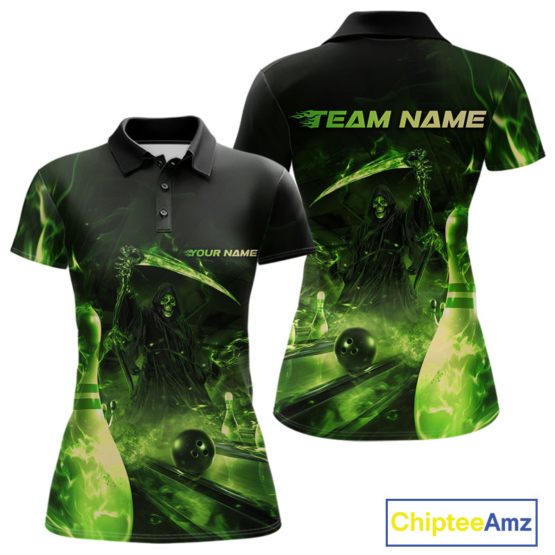 Custom Green Fire Flame Grim Reaper Bowling Women Polo Shirts, Halloween Bowlers Outfit IPHW9712