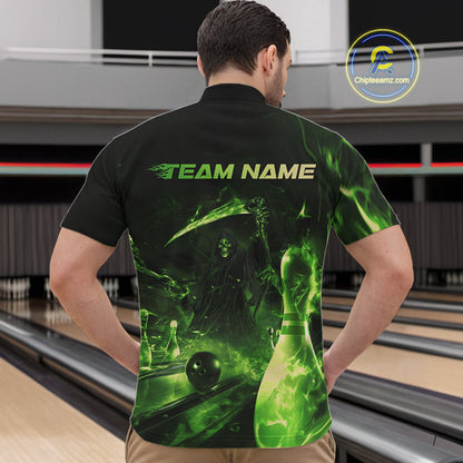 Custom Green Fire Flame Grim Reaper Bowling Quarter-Zip Shirts For Men, Halloween Bowlers Outfit IPHW9712