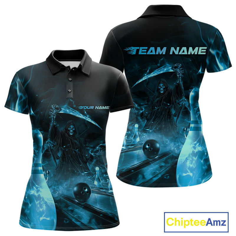 Custom Blue Fire Flame Grim Reaper Bowling Women Polo Shirts, Halloween Bowlers Outfit IPHW9713