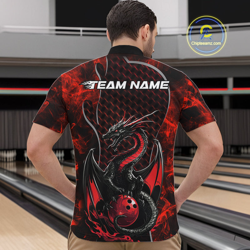 Custom Black And Red Fire Flame Dragon Bowling Quarter-Zip Shirt For Men, Dragon Bowling Jersey IPHW9864