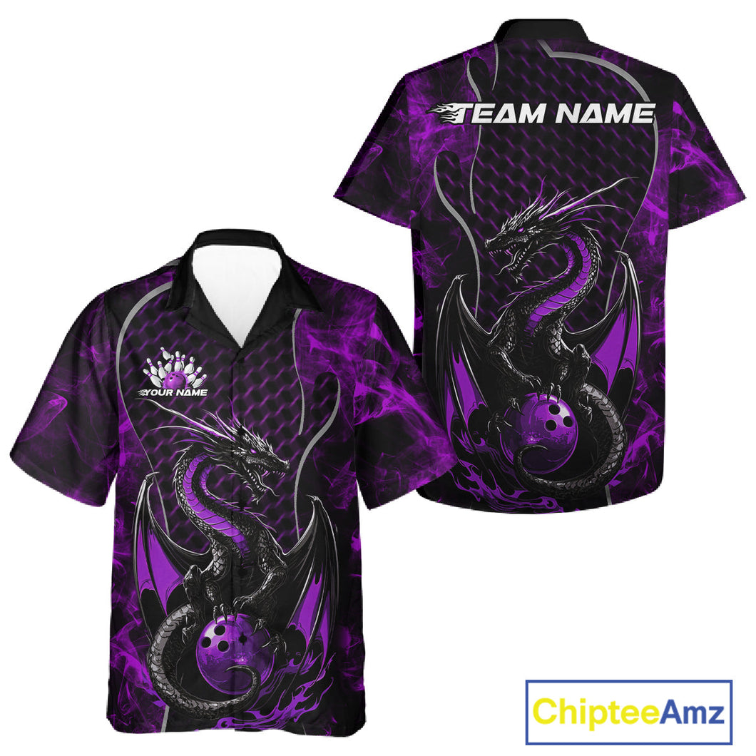 Custom Black And Purple Fire Flame Dragon Bowling Men And Women Hawaiian Shirt, Dragon Bowling Jersey IPHW9865