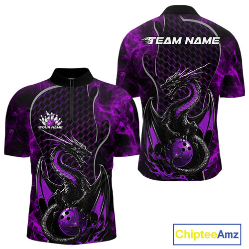 Custom Black And Purple Fire Flame Dragon Bowling Men Quarter-Zip Shirt, Dragon Bowling Jersey IPHW9865