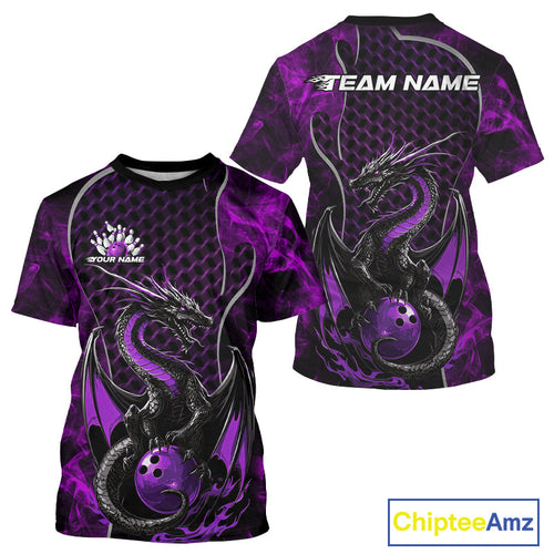 Custom Black And Purple Fire Flame Dragon Bowling Men T-Shirts Shirt, Dragon Bowling Jersey IPHW9865