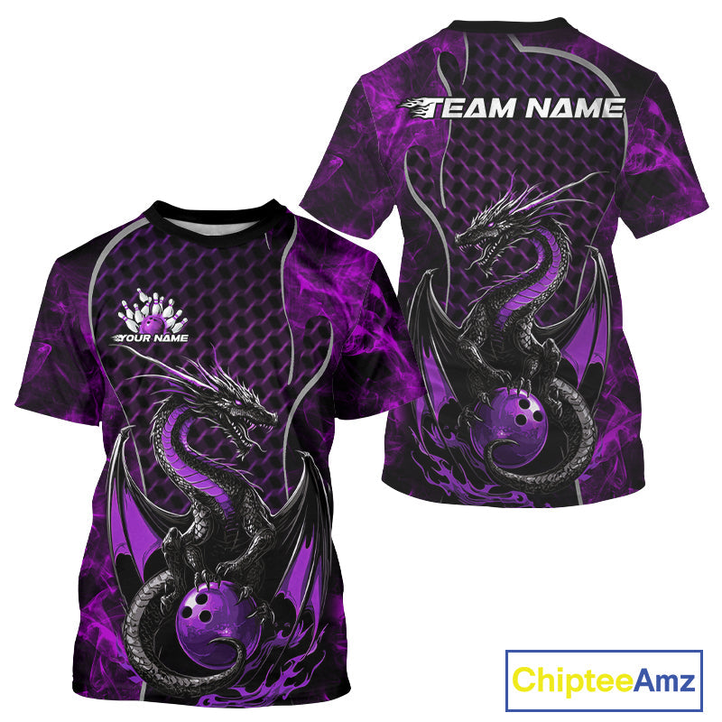 Custom Black And Purple Fire Flame Dragon Bowling Men T-Shirts Shirt, Dragon Bowling Jersey IPHW9865