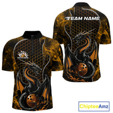 Load image into Gallery viewer, Custom Black And Gold Fire Flame Dragon Bowling Men Quarter-Zip Shirt, Dragon Bowling Jersey IPHW9866
