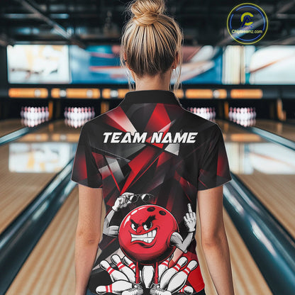 Black And Red Custom Funny Bowling Team Polo Shirts For Women, Bowling Jerseys IPHW9356