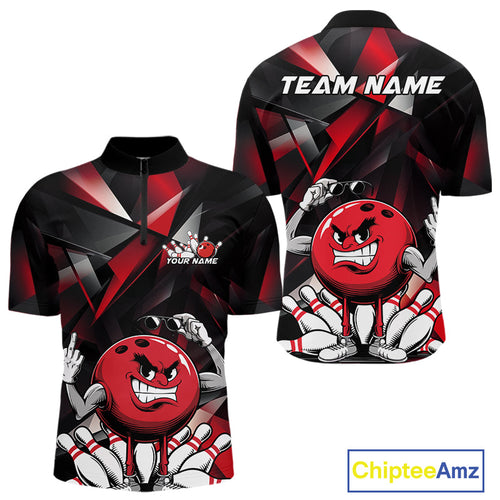 Black And Red Custom Funny Bowling Team Quarter-Zip Shirts For Men, Bowling Jerseys IPHW9356