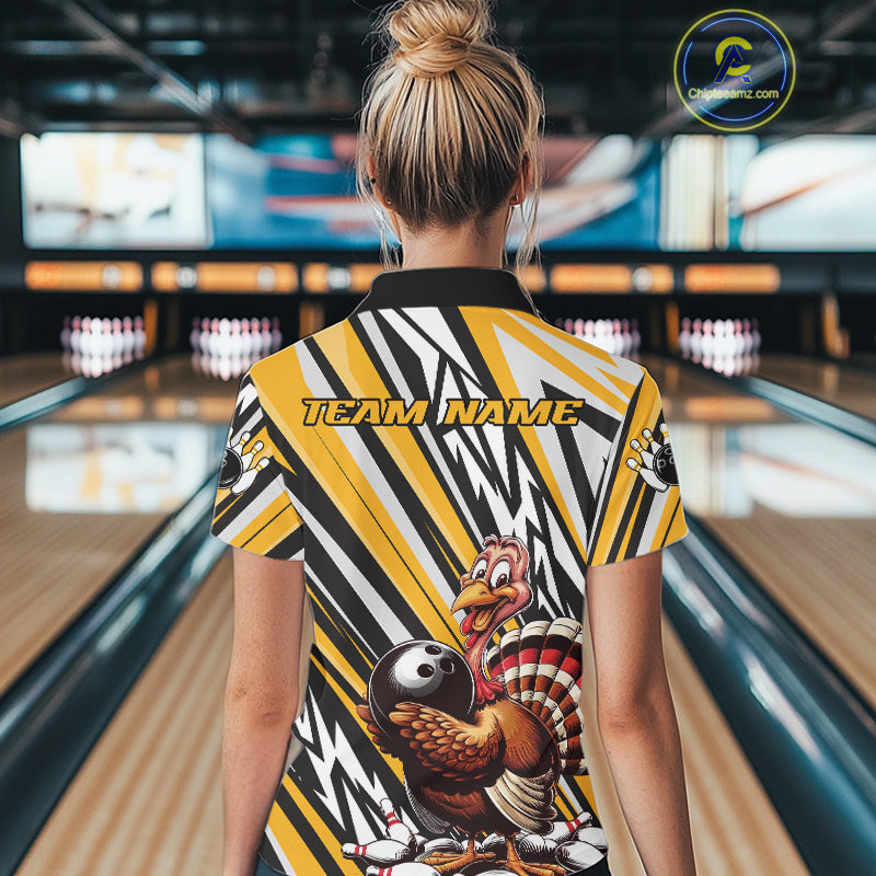 Custom Yellow Funny Thanksgiving Turkey Bowling Team Women Polo Shirts, Bowling Jerseys IPHW9720