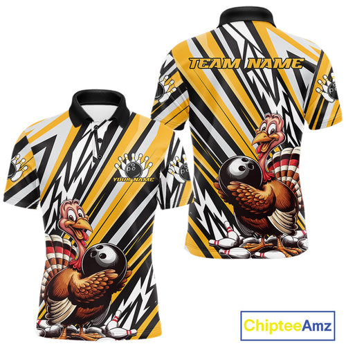 Custom Yellow Funny Thanksgiving Turkey Bowling Team Men Polo Shirts, Bowling Jerseys IPHW9720