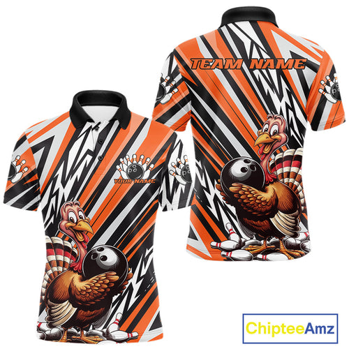 Custom Orange Funny Thanksgiving Turkey Bowling Team Men Polo Shirts, Bowling Jerseys IPHW9721