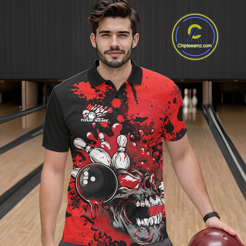 Custom Black And Red Splatter Skull Bowling Team Men Polo Shirt, Halloween Bowler Outfit IPHW9725