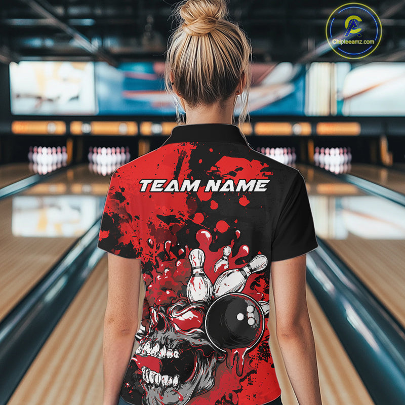 Custom Black And Red Splatter Skull Bowling Women Quarter-Zip Shirt, Halloween Bowler IPHW9725