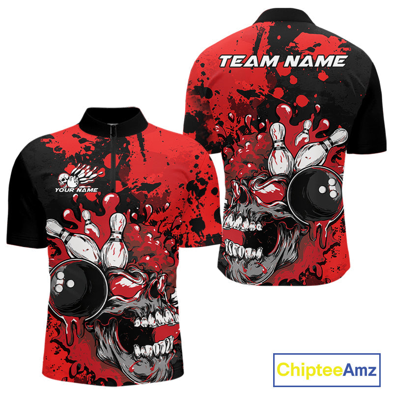 Custom Black And Red Splatter Skull Bowling Team Men Quarter-Zip Shirt, Halloween Bowler Outfit IPHW9725