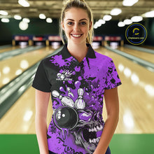 Load image into Gallery viewer, Custom Black And Purple Splatter Skull Bowling Team Women Polo Shirt, Halloween Outfit IPHW9726