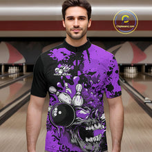 Load image into Gallery viewer, Custom Black And Purple Splatter Skull Bowling Team Men Quarter-Zip Shirt, Halloween Outfit IPHW9726