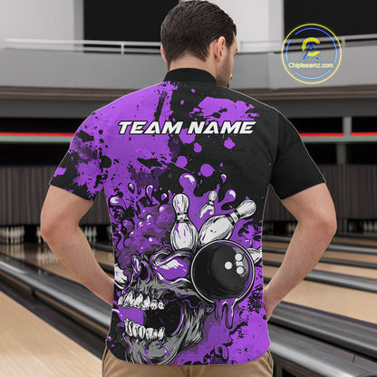 Custom Black And Purple Splatter Skull Bowling Team Men Quarter-Zip Shirt, Halloween Outfit IPHW9726