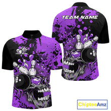 Load image into Gallery viewer, Custom Black And Purple Splatter Skull Bowling Team Men Quarter-Zip Shirt, Halloween Outfit IPHW9726
