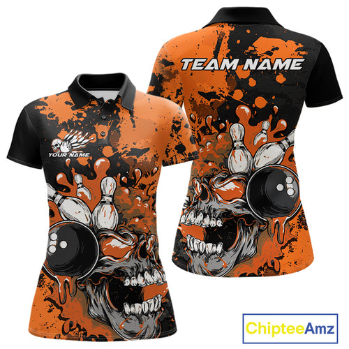 Custom Black And Orange Splatter Skull Bowling Team Women Polo Shirt, Halloween Outfit IPHW9727