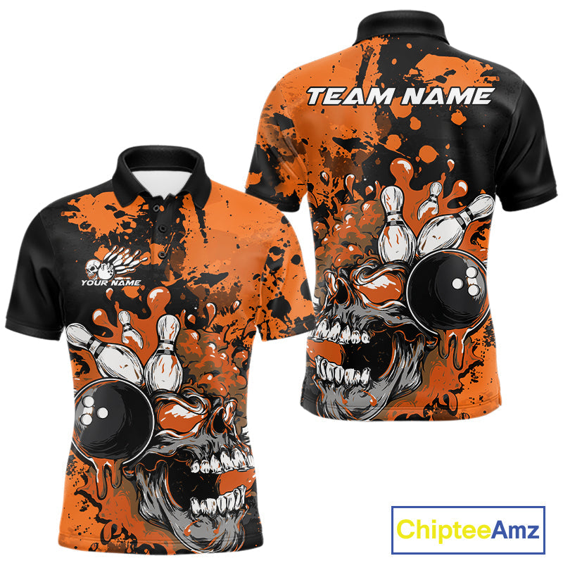 Custom Black And Orange Splatter Skull Bowling Team Men Polo Shirt, Halloween Outfit IPHW9727