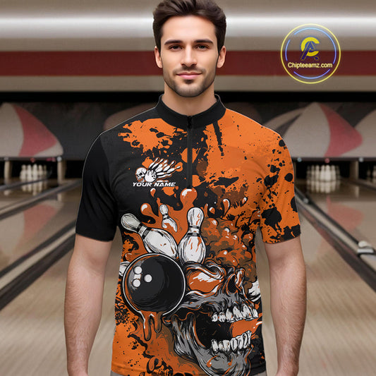 Custom Black And Orange Splatter Skull Bowling Team Men Quarter-Zip Shirt, Halloween Outfit IPHW9727