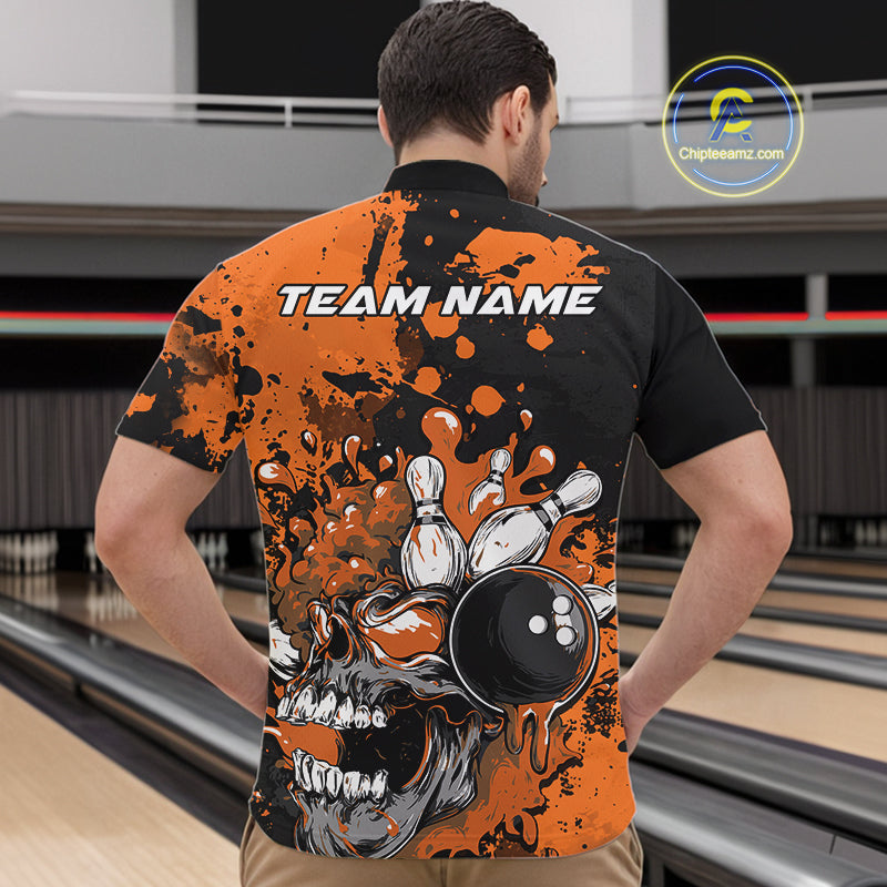 Custom Black And Orange Splatter Skull Bowling Team Men Quarter-Zip Shirt, Halloween Outfit IPHW9727