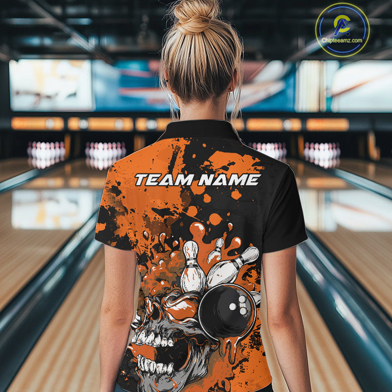 Custom Black And Orange Splatter Skull Bowling Women Quarter-Zip Shirt, Halloween Outfit IPHW9727