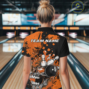 Custom Black And Orange Splatter Skull Bowling Women Quarter-Zip Shirt, Halloween Outfit IPHW9727