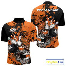 Load image into Gallery viewer, Custom Black And Orange Splatter Skull Bowling Team Men Quarter-Zip Shirt, Halloween Outfit IPHW9727