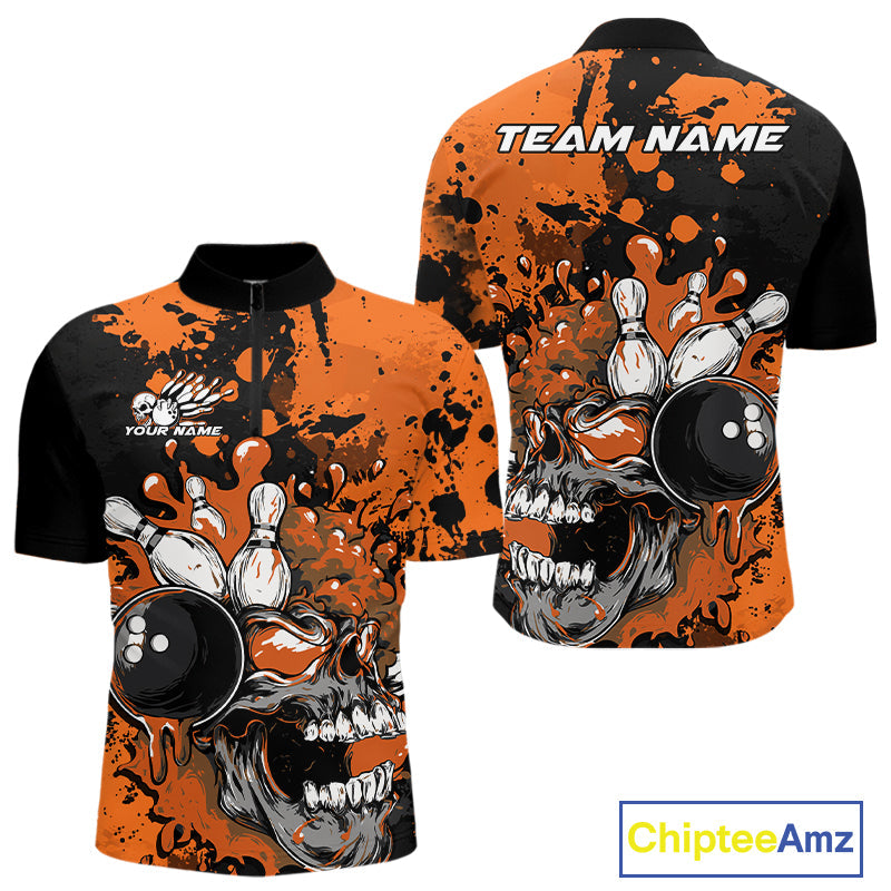Custom Black And Orange Splatter Skull Bowling Team Men Quarter-Zip Shirt, Halloween Outfit IPHW9727