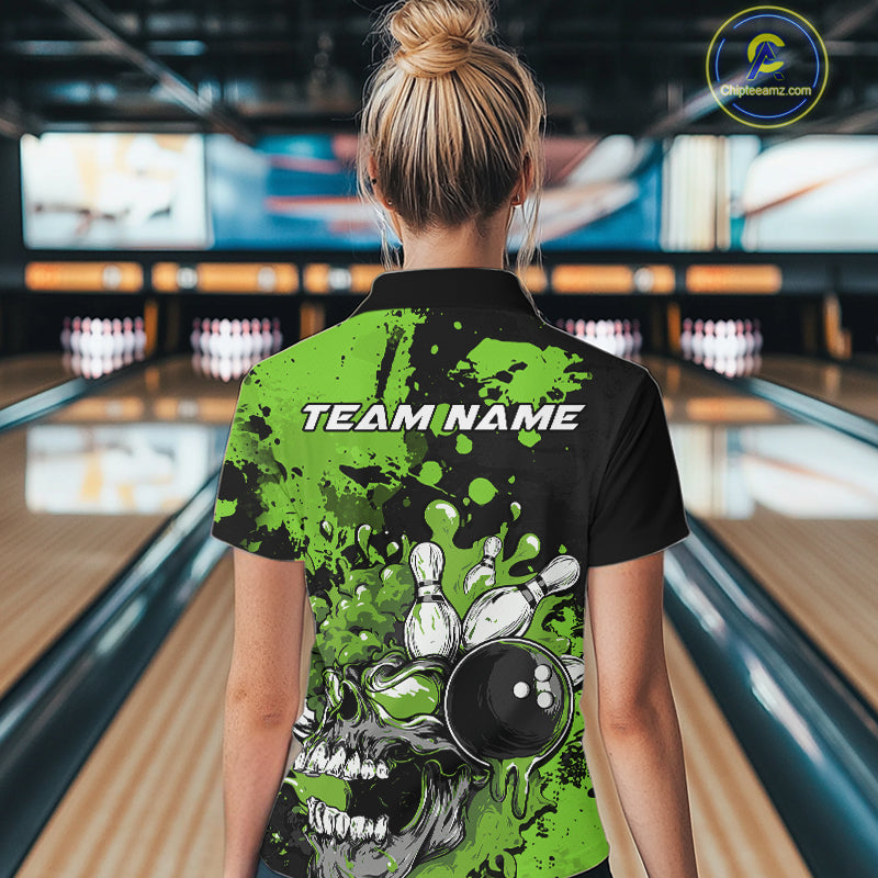 Custom Black And Green Splatter Skull Bowling Women Quarter-Zip Shirt, Halloween Outfit IPHW9728