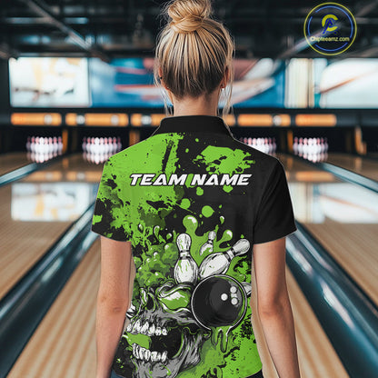 Custom Black And Green Splatter Skull Bowling Women Quarter-Zip Shirt, Halloween Outfit IPHW9728