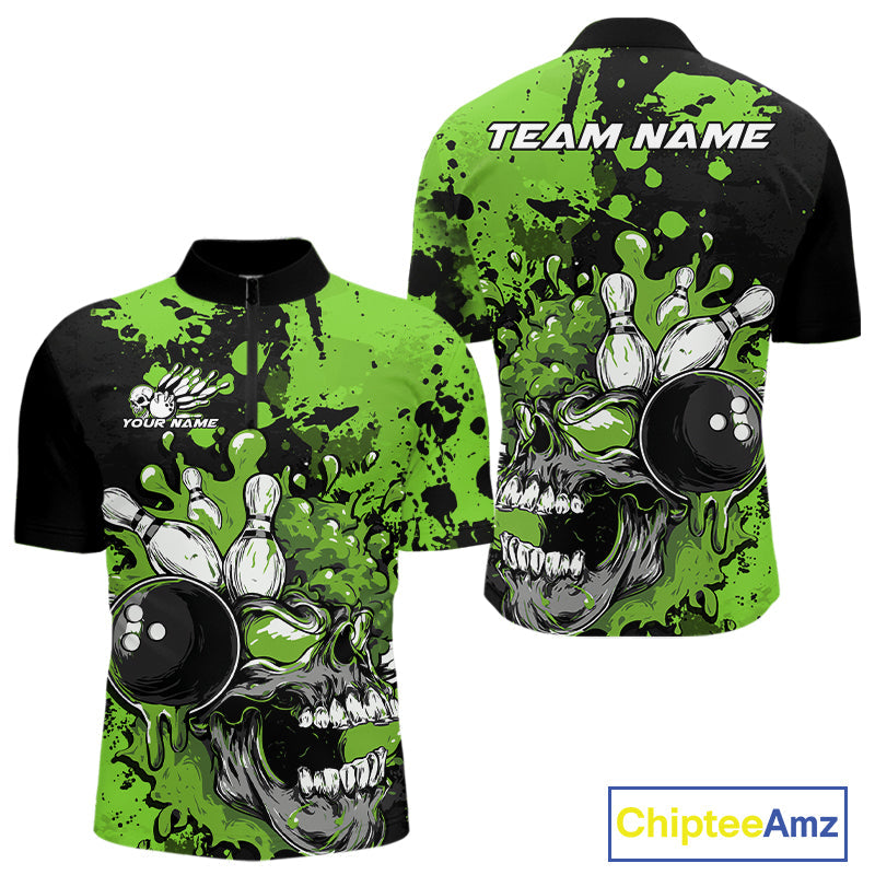 Custom Black And Green Splatter Skull Bowling Team Men Quarter-Zip Shirt, Halloween Outfit IPHW9728