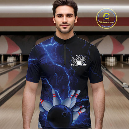 Custom Blue Thunder Lightning Bowling Ball And Pins Quarter-Zip Shirts For Men, Team Uniform IPHW9506