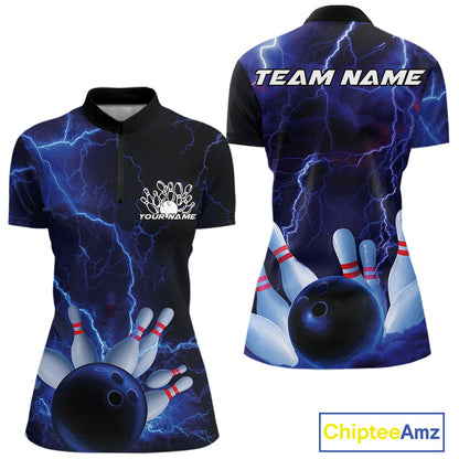 Custom Blue Thunder Lightning Bowling Ball And Pins Women Quarter-Zip Shirt, Team Uniform IPHW9506