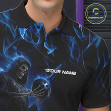 Load image into Gallery viewer, Custom Blue Flame Grim Reaper Bowling Polo Shirts For Men, Halloween Bowling Outfit IPHW9729
