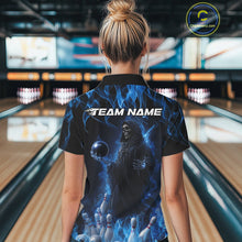 Load image into Gallery viewer, Custom Blue Flame Grim Reaper Bowling Polo Shirts For Women, Halloween Bowling Outfit IPHW9729