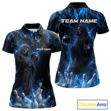 Load image into Gallery viewer, Custom Blue Flame Grim Reaper Bowling Polo Shirts For Women, Halloween Bowling Outfit IPHW9729