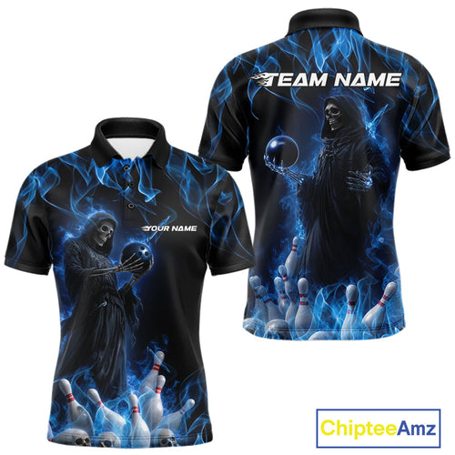 Custom Blue Flame Grim Reaper Bowling Polo Shirts For Men, Halloween Bowling Outfit IPHW9729