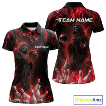 Load image into Gallery viewer, Custom Red Flame Grim Reaper Bowling Polo Shirts For Women, Halloween Bowling Outfit IPHW9730