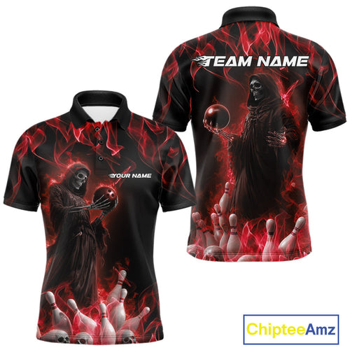 Custom Red Flame Grim Reaper Bowling Polo Shirts For Men, Halloween Bowling Outfit IPHW9730