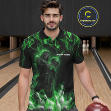 Load image into Gallery viewer, Custom Green Flame Grim Reaper Bowling Polo Shirts For Men, Halloween Bowling Outfit IPHW9731