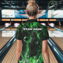 Load image into Gallery viewer, Custom Green Flame Grim Reaper Bowling Polo Shirts For Women, Halloween Bowling Outfit IPHW9731