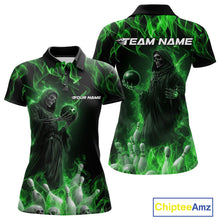 Load image into Gallery viewer, Custom Green Flame Grim Reaper Bowling Polo Shirts For Women, Halloween Bowling Outfit IPHW9731
