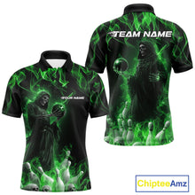 Load image into Gallery viewer, Custom Green Flame Grim Reaper Bowling Polo Shirts For Men, Halloween Bowling Outfit IPHW9731
