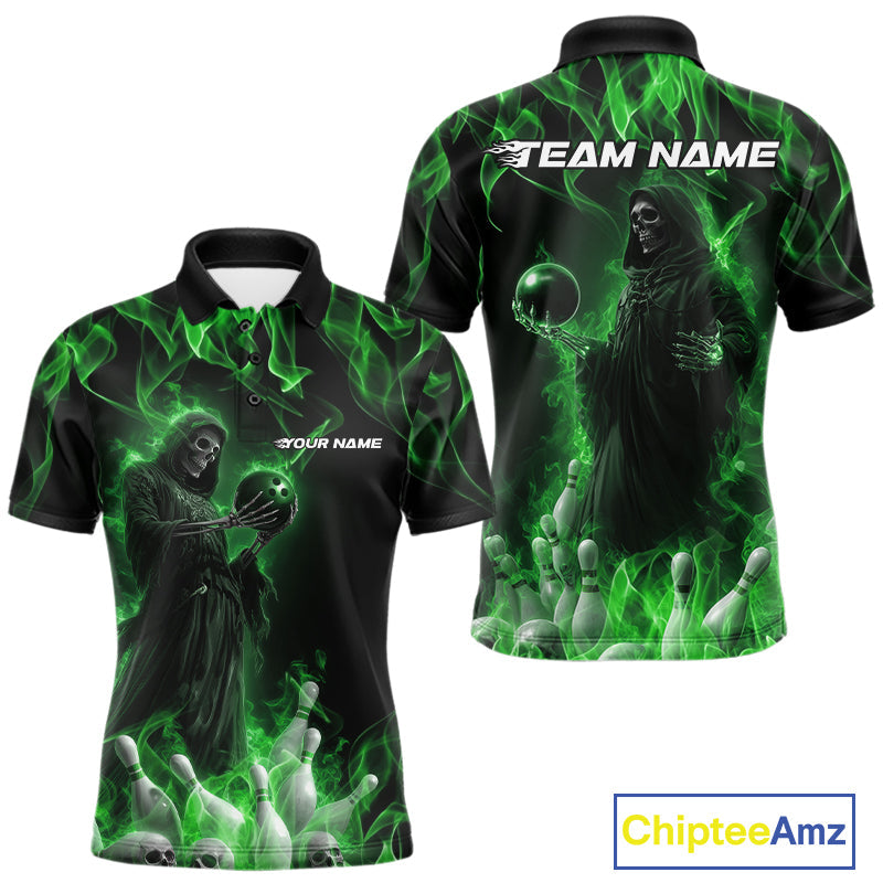 Custom Green Flame Grim Reaper Bowling Polo Shirts For Men, Halloween Bowling Outfit IPHW9731