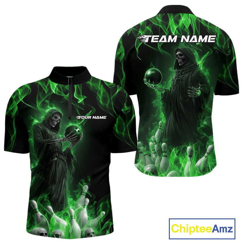 Custom Green Flame Grim Reaper Bowling Quarter-Zip Shirts For Men, Halloween Bowling Outfit IPHW9731