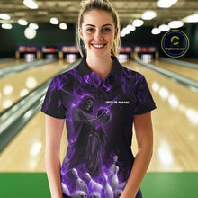 Load image into Gallery viewer, Custom Purple Flame Grim Reaper Bowling Polo Shirts For Women, Halloween Bowling Outfit IPHW9732