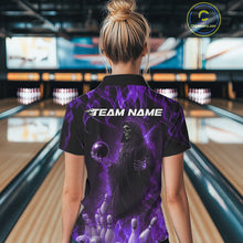 Load image into Gallery viewer, Custom Purple Flame Grim Reaper Bowling Polo Shirts For Women, Halloween Bowling Outfit IPHW9732